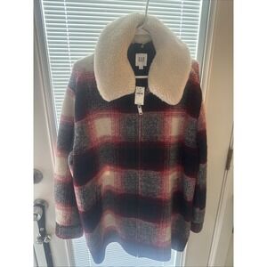 GAP  Wool Blend Zip Collar Fur Red Blue Plaid Jacket Coat Size M-NEW